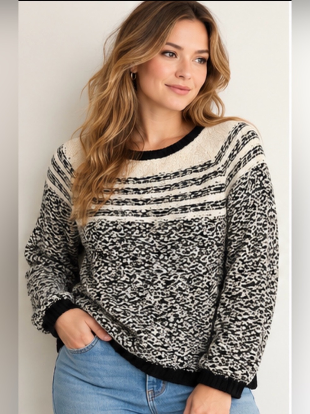Ann Taylor LOFT Lounge Marled Black & Ivory Wool Blend Sweater – Women’s Medium